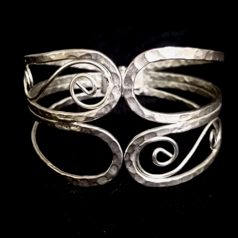 Silver Toned Hammered Metal Cuff Scroll Bracelet with Spring Closure